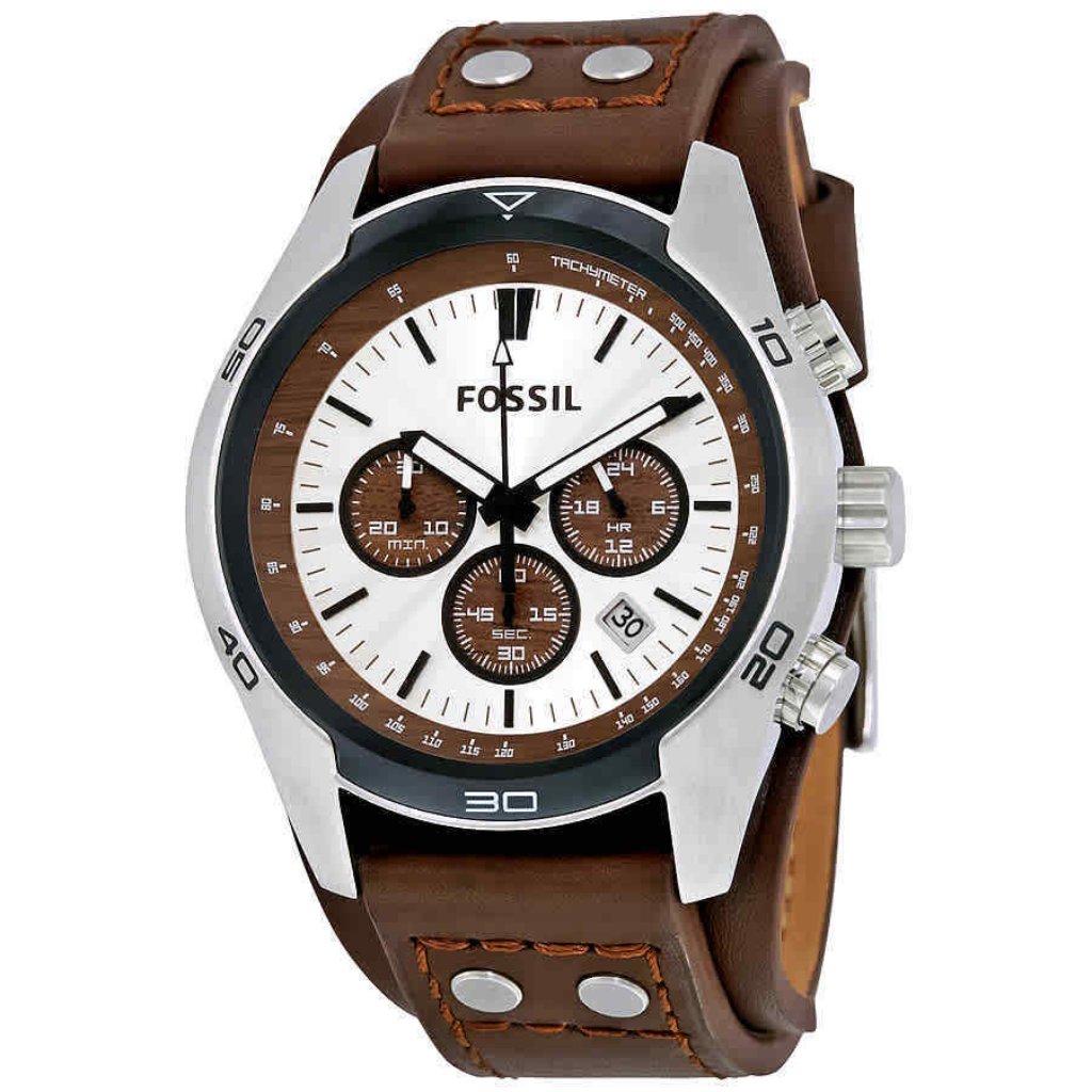 Men's White & Brown Leather Chrono Watch